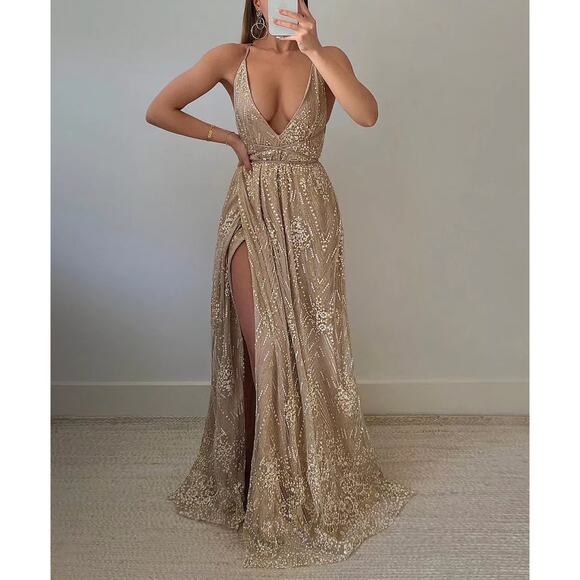 NEW NWT New York Nights Maxi Dress Sequin‎ Plunge Cross Back Dress in Gold US 10 - Picture 1 of 11